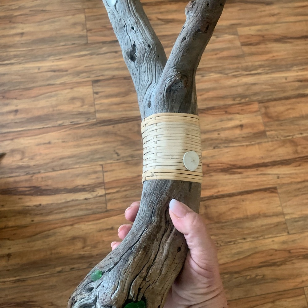 Decorative Driftwood with Woven Accent, Sea Glass and Sand Dollar.